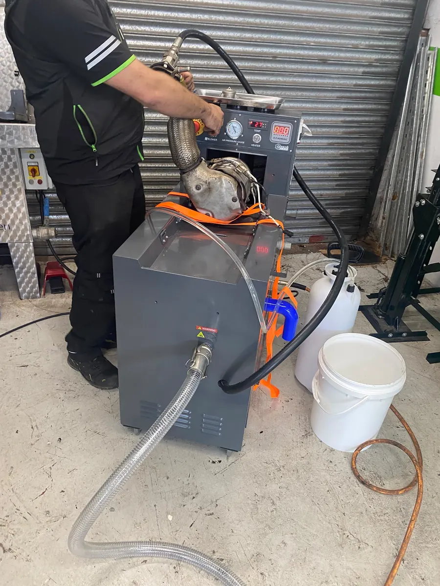 Specialist DPF cleaning equipment in operation in the workshop