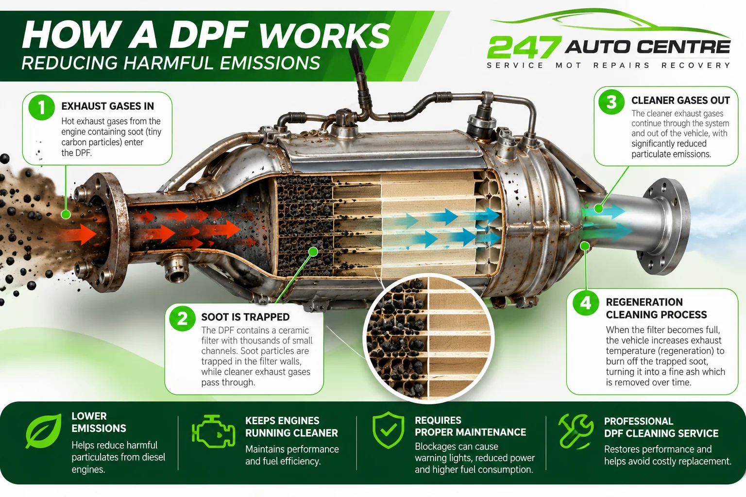 247 Auto Centre diagram showing exhaust entering a diesel particulate filter, soot trapped in the ceramic channels, cleaner exhaust leaving and the regeneration process