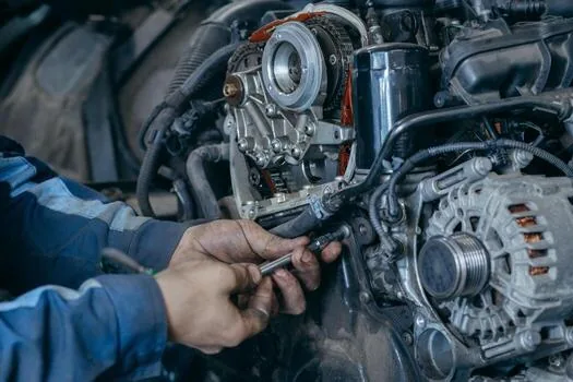 Mechanic carrying out engine repair work on a vehicle